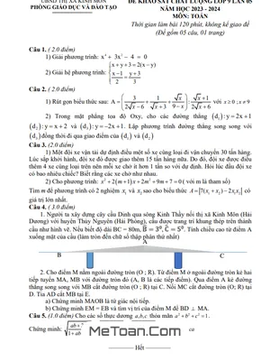 Đề khảo sát Toán 9 lần 5 năm 2023 - 2024 phòng GD&ĐT Kinh Môn - Hải Dương