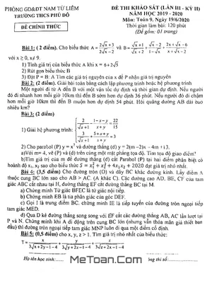 Đề khảo sát Toán 9 lần 3 kỳ 2 năm 2019 – 2020 trường THCS Phú Đô – Hà Nội