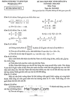 Đề thi học sinh giỏi Toán 6 năm 2022 - 2023 phòng GD&ĐT Gia Viễn, Ninh Bình