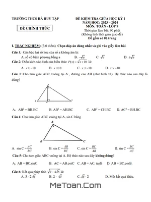 Đề Thi Giữa Kỳ 1 Toán 9 Năm 2023-2024 Trường THCS Hà Huy Tập - BR VT (Có Đáp Án)