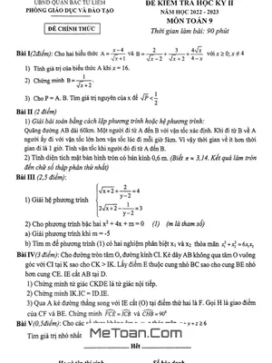 Đề thi học kỳ 2 Toán 9 năm 2022 - 2023 phòng GD&ĐT Bắc Từ Liêm - Hà Nội