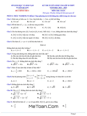 Đề thi Tuyển Sinh Lớp 10 Môn Toán Sở GD&ĐT Tuyên Quang Năm 2021 - 2022