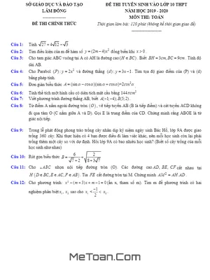 Đề thi vào lớp 10 môn Toán năm 2019-2020 Sở GD&ĐT Lâm Đồng