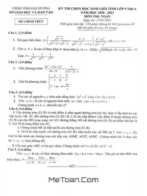 Đề thi học sinh giỏi tỉnh Toán 9 năm 2020 - 2021 sở GD&ĐT Hải Dương