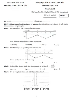 Đề dự bị giữa kì 1 Toán 12 năm học 2024 - 2025 trường THPT Tiên Du 1 - Bắc Ninh