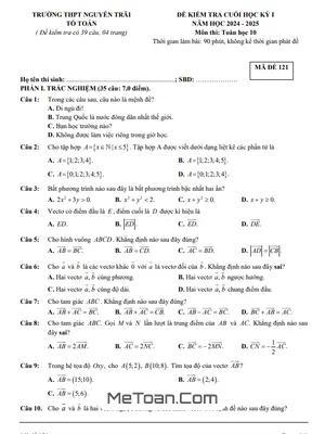 Đề thi cuối học kỳ 1 Toán 10 năm 2024 – 2025 trường THPT Nguyễn Trãi – Quảng Bình có đáp án