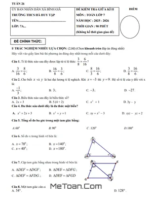 Đề Thi Giữa Kỳ 2 Toán 7 THCS Hà Huy Tập 2025-2026 - TPHCM Kèm Lời Giải Chi Tiết