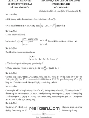 Đề thi chọn học sinh giỏi Toán 11 năm 2019 - 2020 sở GD&ĐT Thái Nguyên