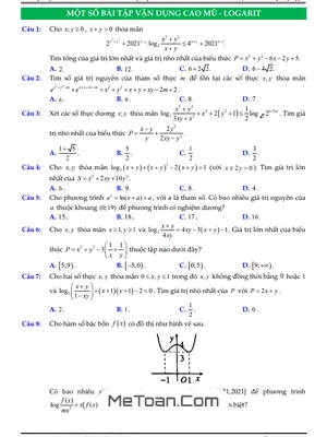 Tuyển Tập Bài Tập Vận Dụng Cao Mũ Và Logarit Lớp 12 Có Lời Giải
