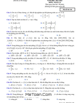 Đề KSCL Toán 11 Lần 1 Năm 2022 - Trường THPT Chuyên Vĩnh Phúc