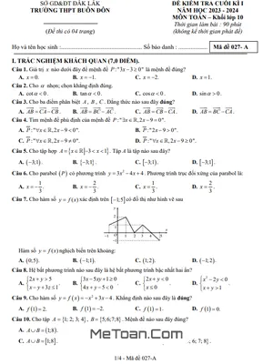 Đề thi cuối kỳ 1 Toán 10 năm 2023 - 2024 trường THPT Buôn Đôn - Đắk Lắk
