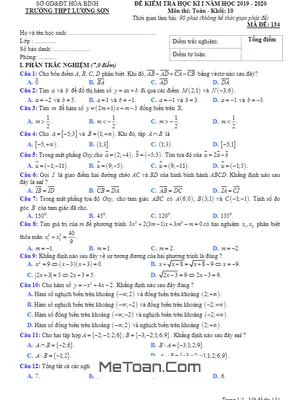 Đề thi HK1 Toán 10 năm học 2019 - 2020 trường THPT Lương Sơn - Hòa Bình