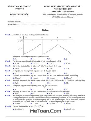 Đề khảo sát học kỳ 1 Toán 12 năm 2022 – 2023 sở GD&ĐT Nam Định