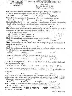 Đề thi học kỳ 1 Toán 12 năm học 2018 - 2019 sở GD&ĐT Đồng Nai