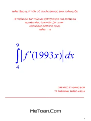 Hệ thống bài tập trắc nghiệm vận dụng cao, phân loại nguyên hàm, tích phân lớp 12