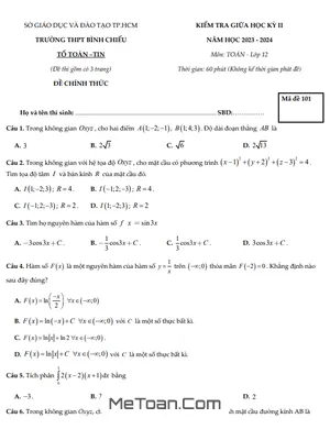 Đề Thi Giữa Học Kỳ 2 Toán 12 Năm 2023 - 2024 Trường THPT Bình Chiểu - TP.HCM