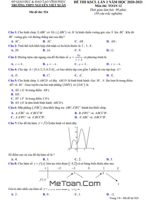 Đề KSCL Lần 1 Toán 12 Năm 2020 - 2021 Trường THPT Nguyễn Viết Xuân - Vĩnh Phúc