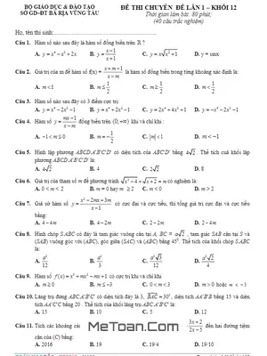 Đề thi chuyên đề lần 1 môn Toán khối 12 - Sở GD&ĐT Bà Rịa - Vũng Tàu