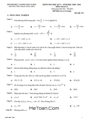 Đề thi HK1 Toán 11 năm 2020 – 2021 trường THPT Phan Ngọc Hiển – Cà Mau