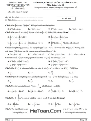 Đề Thi Cuối Kì 2 Toán 12 Năm 2022 - 2023 Trường THPT Duy Tân - Kon Tum