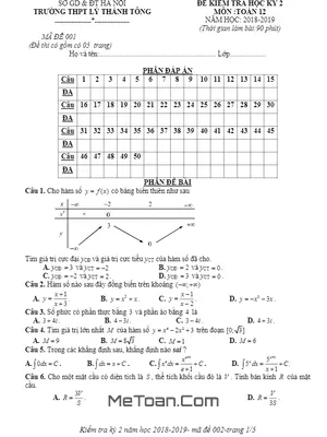 Đề thi HK2 Toán 12 năm 2018 - 2019 trường THPT Lý Thánh Tông - Hà Nội