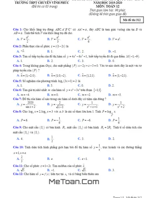 Đề KSCL thi THPT Quốc gia 2020 môn Toán lần 2 trường THPT chuyên Vĩnh Phúc mã đề 312