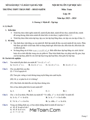 Ôn tập học kì 1 Toán 10 năm 2023 - 2024 trường THPT Trần Phú - Hà Nội