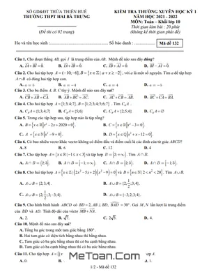 Đề kiểm tra thường xuyên HK1 Toán 10 năm 2021 - 2022 trường THPT Hai Bà Trưng - TT Huế