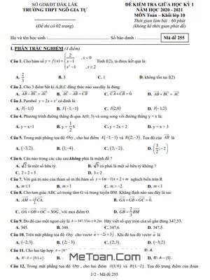 Đề thi giữa kì 1 Toán 10 năm 2020 - 2021 trường THPT Ngô Gia Tự - Đắk Lắk (có đáp án)