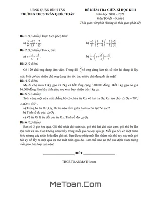 Đề thi giữa kì 2 môn Toán lớp 6 năm 2020 - 2021 trường THCS Trần Quốc Toản - TP.HCM