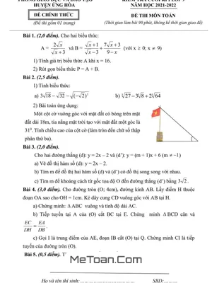 Đề thi học kì 1 Toán 9 năm 2021 - 2022 phòng GD&ĐT Ứng Hòa - Hà Nội