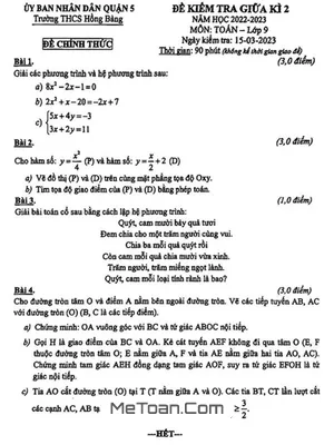 Đề thi giữa kì 2 Toán 9 năm 2022 – 2023 trường THCS Hồng Bàng – TP HCM