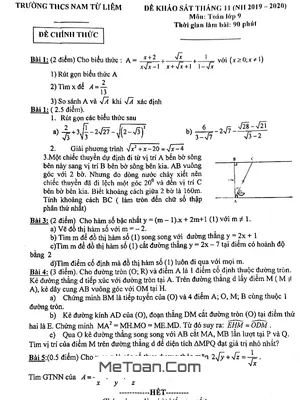 Đề khảo sát tháng 11 Toán 9 năm 2019 - 2020 trường Nam Từ Liêm - Hà Nội