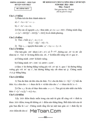 Đề HSG Toán 8 cấp huyện năm 2023 - 2024 phòng GD&ĐT Nam Trực, Nam Định