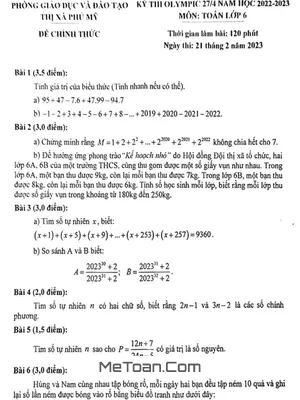 Đề Olympic 27/4 Toán 6 năm 2022 - 2023 phòng GD&ĐT Phú Mỹ - BRVT