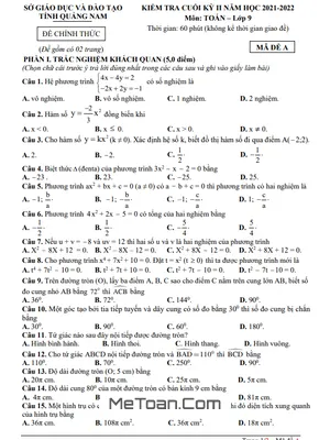 Đề thi Toán 9 cuối kỳ 2 năm 2021-2022 sở GD&ĐT Quảng Nam (có đáp án)