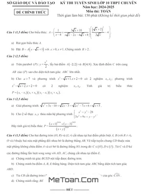 Đề thi Tuyển sinh Lớp 10 Chuyên Toán Sở GD&ĐT Bình Dương 2024 - 2025