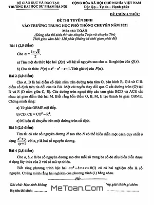 Đề thi tuyển sinh lớp 10 chuyên Toán trường ĐHSP Hà Nội năm 2021 và lời giải