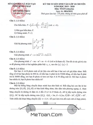 Đề thi tuyển sinh vào lớp 10 môn Toán chuyên Đồng Tháp năm 2019 - 2020