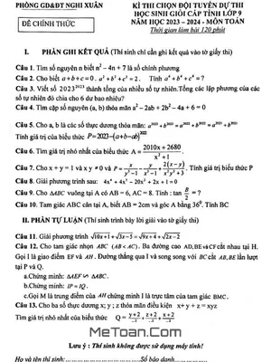 Đề thi chọn học sinh giỏi Toán 9 năm 2023 - 2024 phòng GD&ĐT Nghi Xuân, Hà Tĩnh