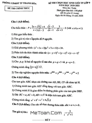Đề thi HSG Toán 9 năm 2020 - 2021 phòng GD&ĐT thành phố Thanh Hóa