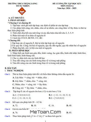 Đề Cương Ôn Tập Học Kì 1 Toán Lớp 6 Năm 2024 - 2025 Trường THCS Thăng Long - Hà Nội