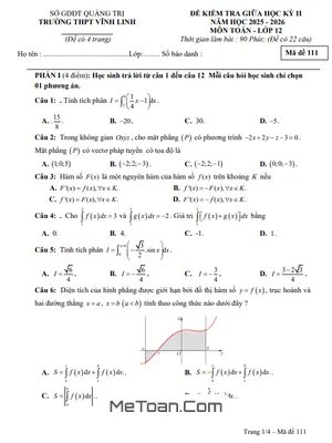 Đề Kiểm Tra Giữa Kỳ 2 Toán 12 Năm 2025-2026 Trường THPT Vĩnh Linh, Quảng Trị Có Đáp Án
