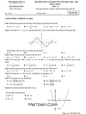 Đề kiểm tra cuối học kì 1 Toán 10 năm 2023 - 2024 sở GD&ĐT Sơn La