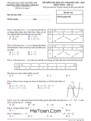 Đề thi học kì 1 Toán 12 năm 2021 - 2022 trường THPT Trương Vĩnh Ký - Bến Tre