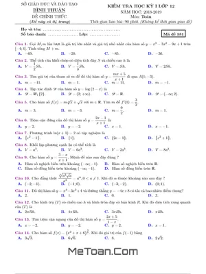 Đề kiểm tra học kỳ 1 Toán 12 năm học 2018 - 2019 sở GD&ĐT Bình Thuận