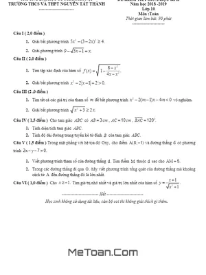 Đề kiểm tra giữa kỳ 2 Toán 10 năm 2019 trường Nguyễn Tất Thành - Hà Nội
