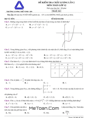 Đề kiểm tra chất lượng Toán 12 lần 2 năm 2020 trường Lương Thế Vinh – Hà Nội