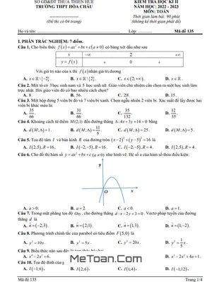 Đề thi học kì 2 Toán 10 năm 2022 - 2023 trường THPT Hóa Châu - TT Huế