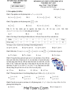 Đề KSCL Học Kỳ 2 Toán 10 THPT Năm 2017 - 2018 Sở GD&ĐT Nam Định